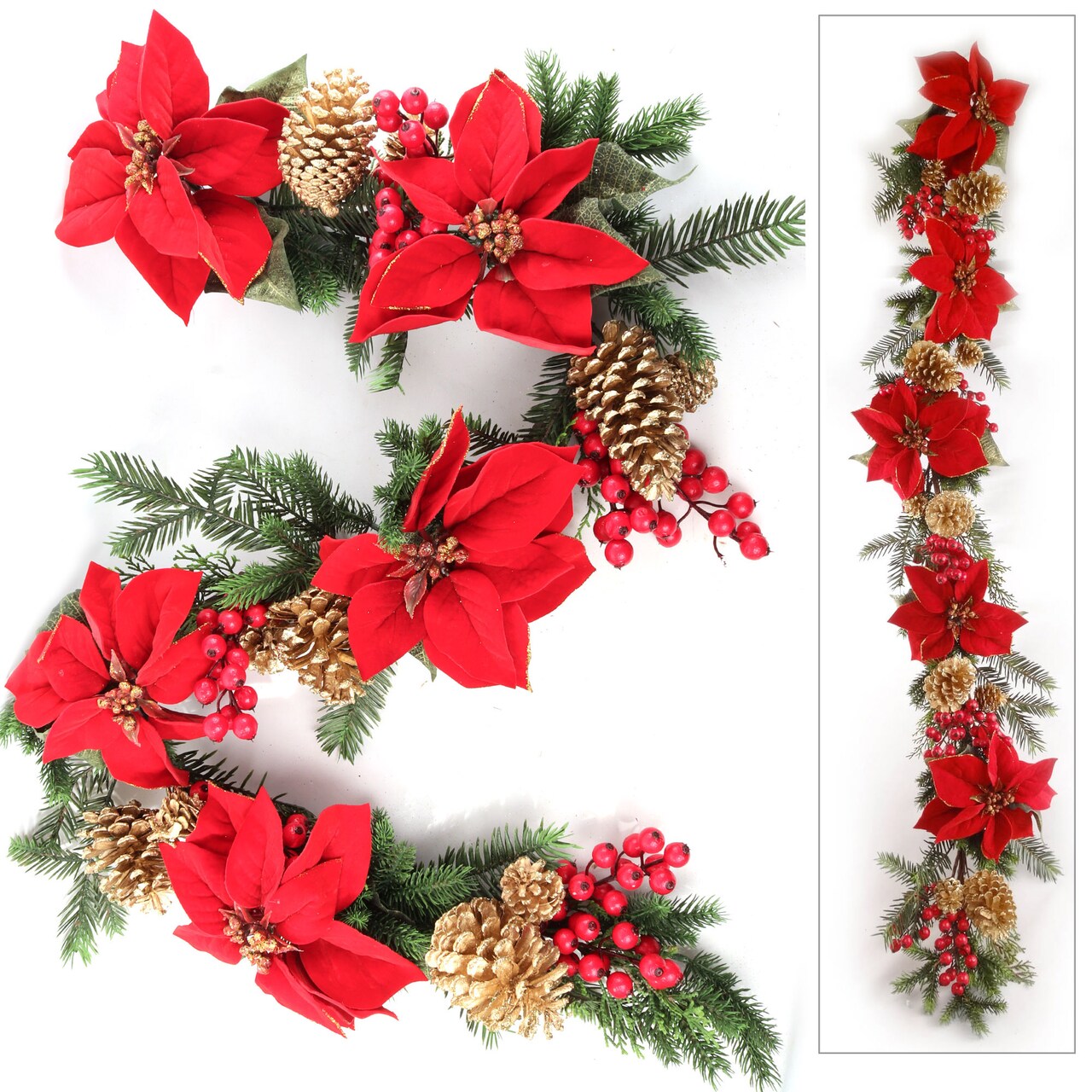 5ft Artificial Poinsettia Velvet Garland - Red Berries & Gold Pine Cones - Indoor Christmas Décor
